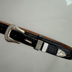 Vintage Fisher Western Style Silver-Toned Buckle Black Leather Belt